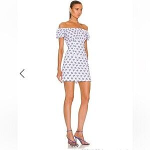 NWOT CAROLINE CONSTAS | White Blue Calla Mini Dress Smocked L
